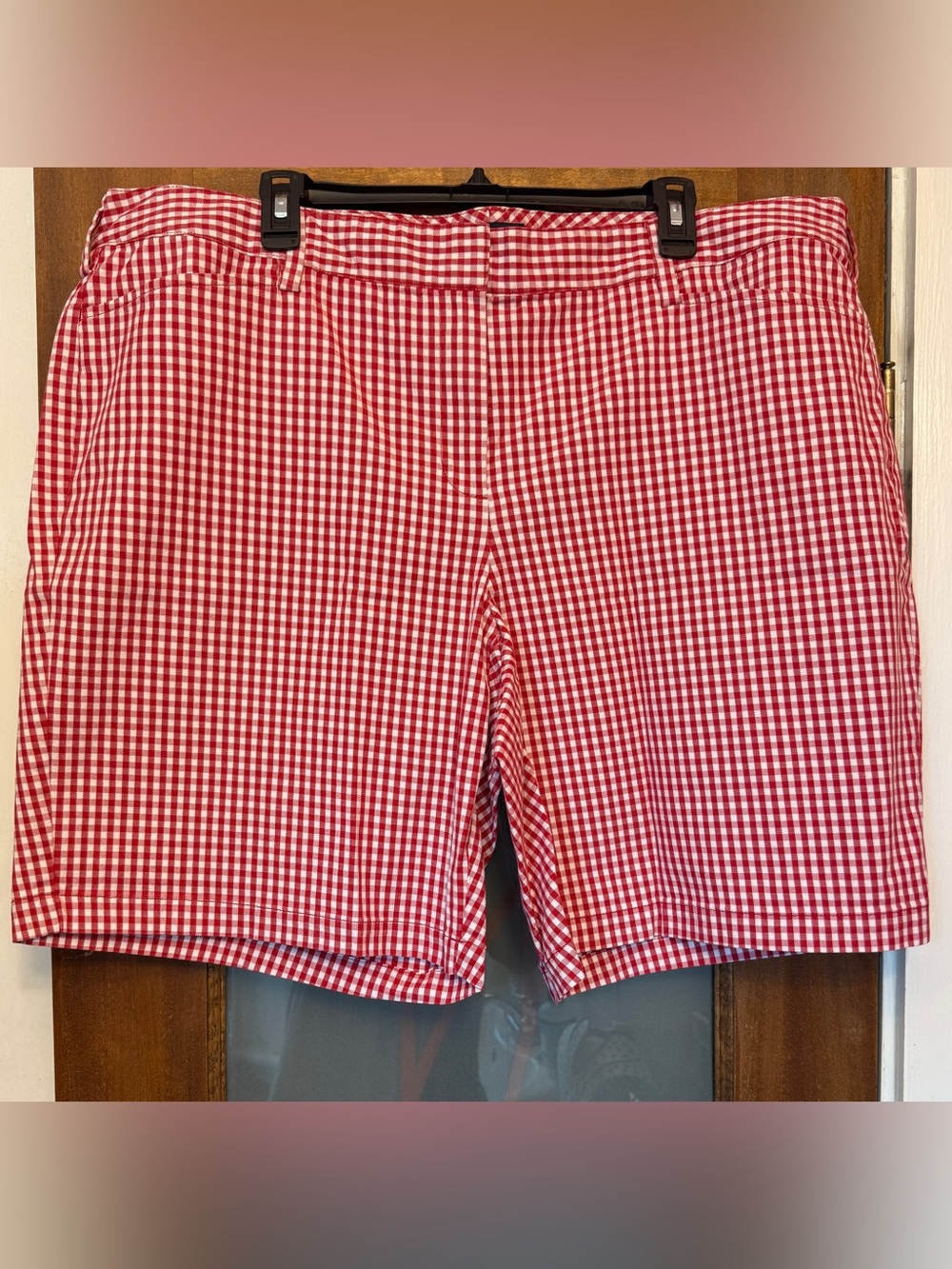 Lands’ End Women Plus Red & White Check Gingham Mid Rise Chino Shorts 20w